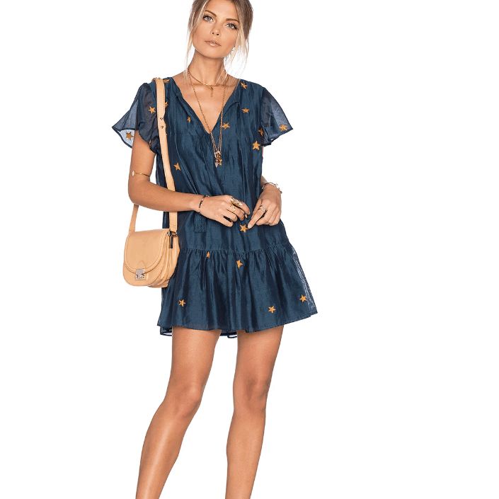 Tularosa Carson Silk Blend Dress Tassel Front Blue With Gold Stars Size Small